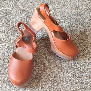 MIA Orange Leather Clog Mules with Wood-Look Platform